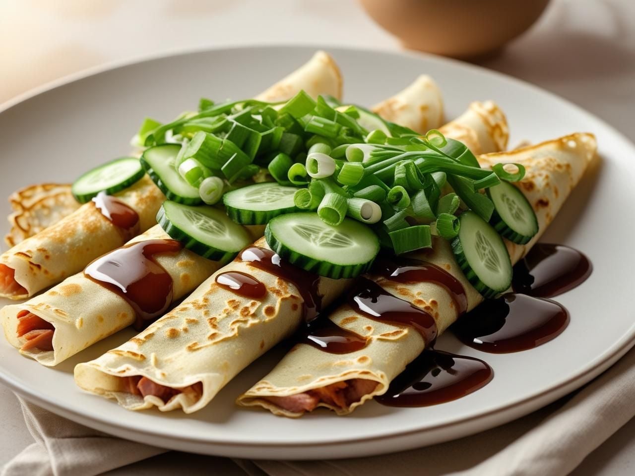 LIVE STN- Smoked Duck Crepes Served with Spring Onions, Cucumber & Hoisin Sauce (Suitable for Vegetarians)