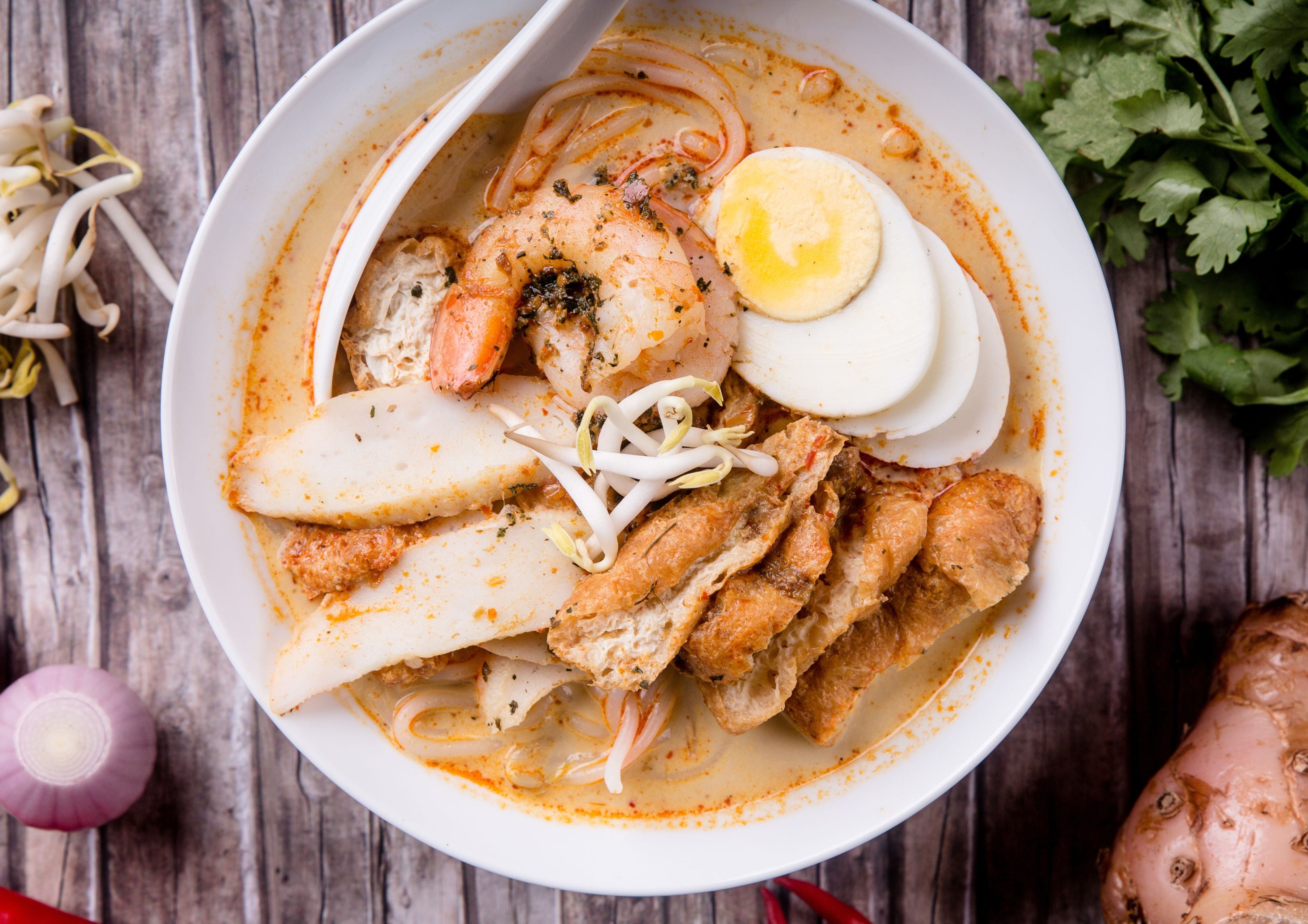 LIVE STN- Nyonya Laksa Lemak with Condiments (Mee Tai Mak/ Thick Rice Noodles in Spicy coconut gravy with Tau Pok, beansprouts, sliced fishcake, Hard Boiled Eggs, laksa leaves & Sambal Chilli)