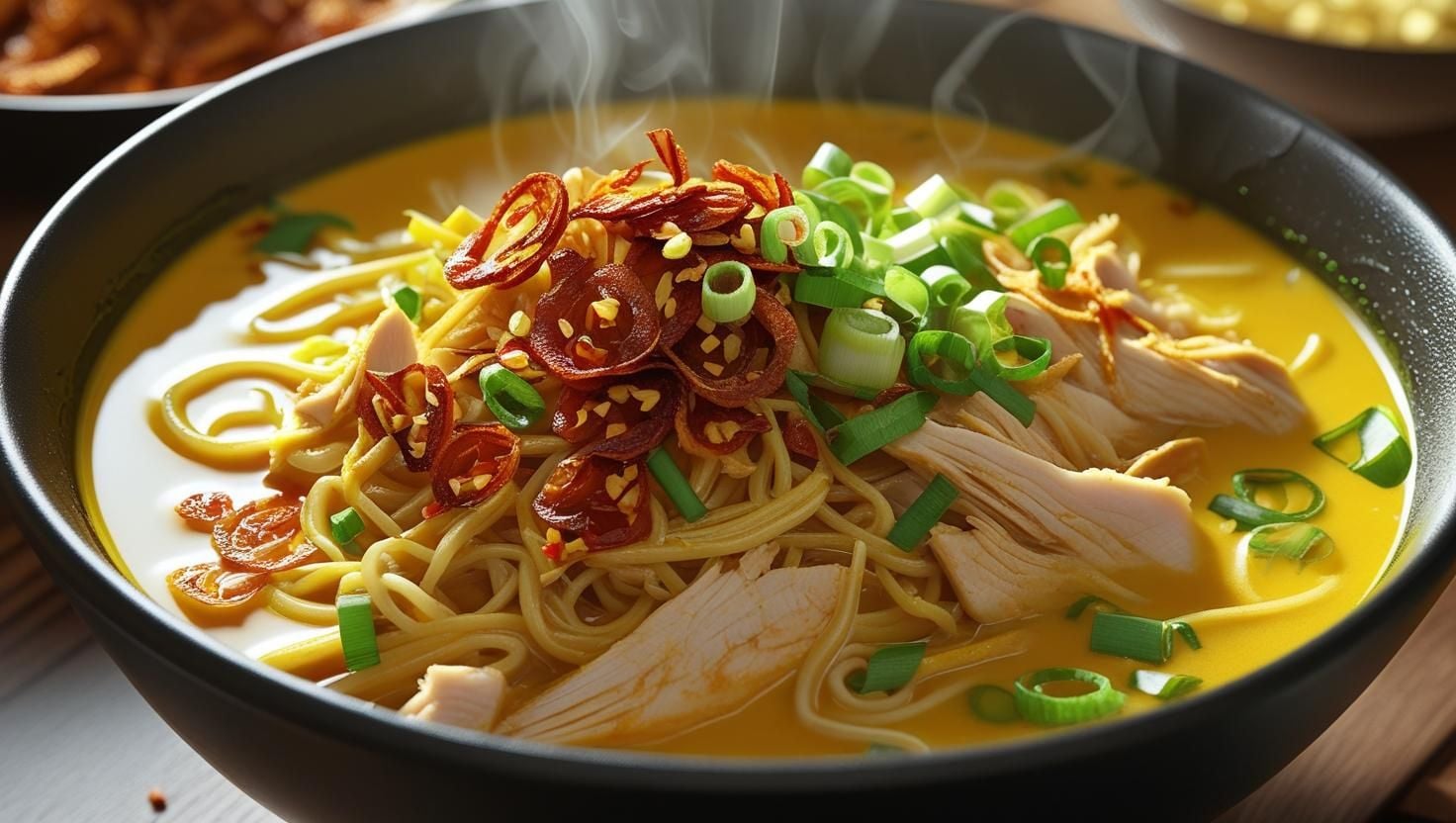 LIVE STN- Mee Soto Ayam Soup Yellow Noodles in Chicken Broth topped with Chicken Shreds, Bean sprouts, Fried Shallots, Black Soy Sauce Chilli & Coriander Leaves