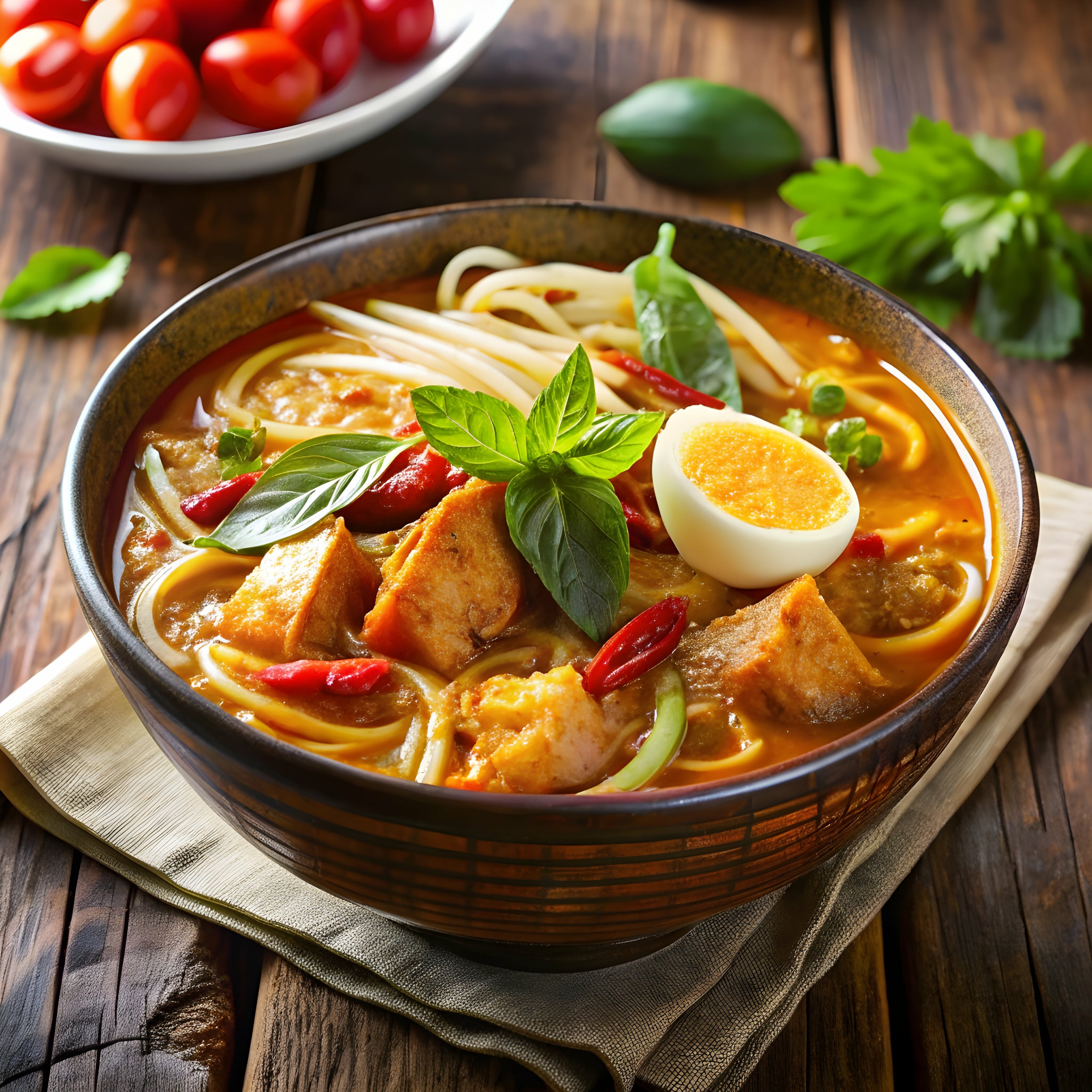 SD (Buffet Add-On Min 30pax) DIY Nyonya Laksa Lemak with Gravy served with thick white noodles, crispy tau pok, sliced fish cake, quail eggs, and a side of spicy sambal. Garnished with fresh laksa leaves. Min 30pax